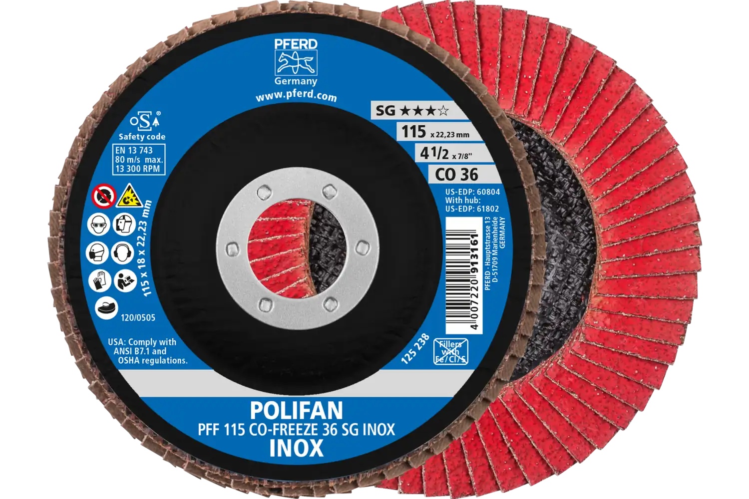 Picture of Pferd Flap Disc, 4-1/2" x 7/8, CO-Freeze SG Inox, 36 Grit, T27, Flat, Ceramic